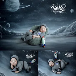 Pasgeboren Baby Fotografie Outfit Ruimte Thema Gebreide Astronaut Kostuum Muts Maan Achtergrond Pop Fotografie Rekwisieten Schieten Prop