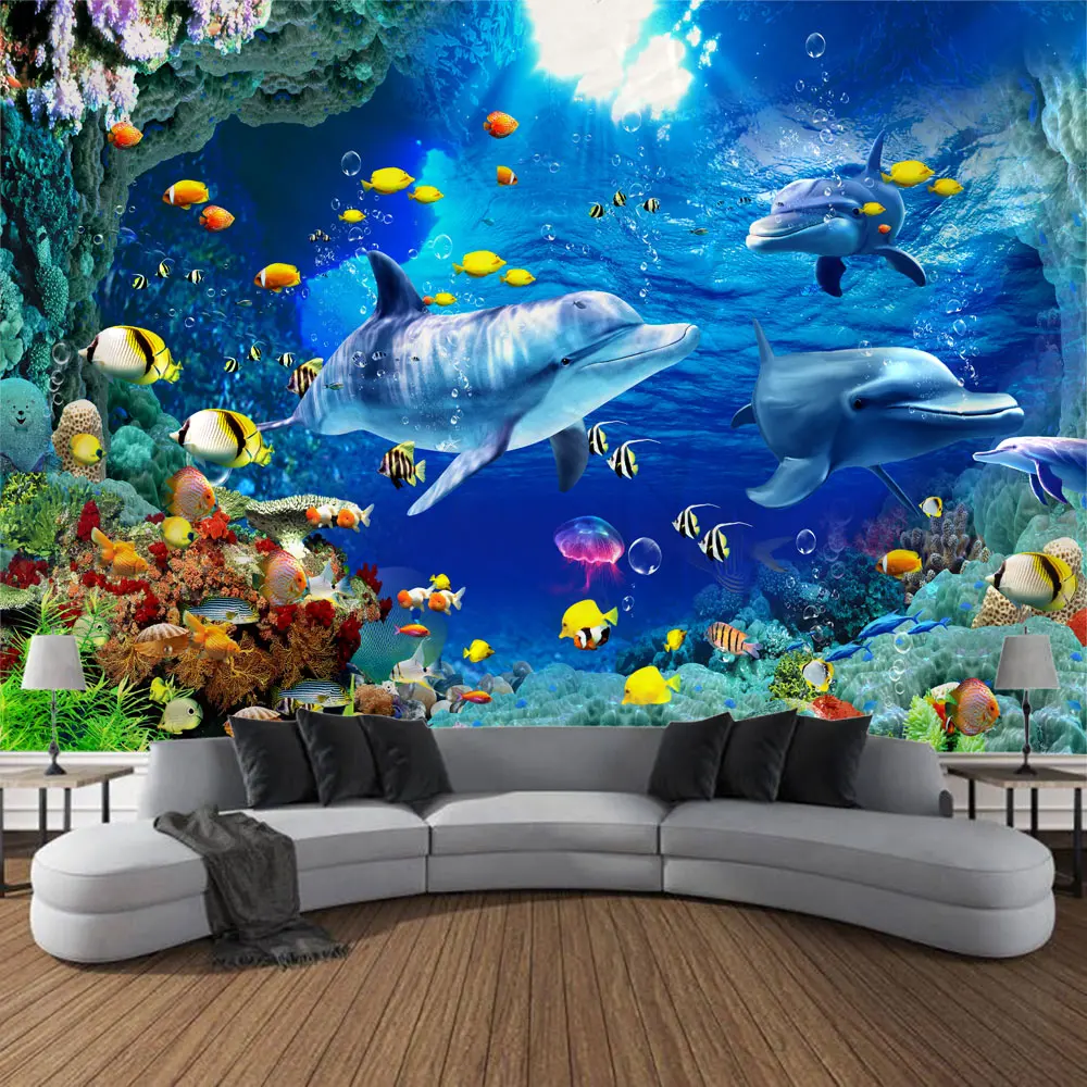 Undersea Print Tapestry Psychedelic Room Decoration Wall Hanging Ocean Coral Dolphin Home Wall Decoration Cartoon Mural
