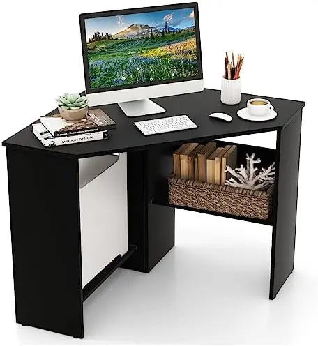 

Corner Desk with Shelves, Triangular Computer Desk with Cable Management Holes, Laptop Workstation for Small Space, Vanity Des