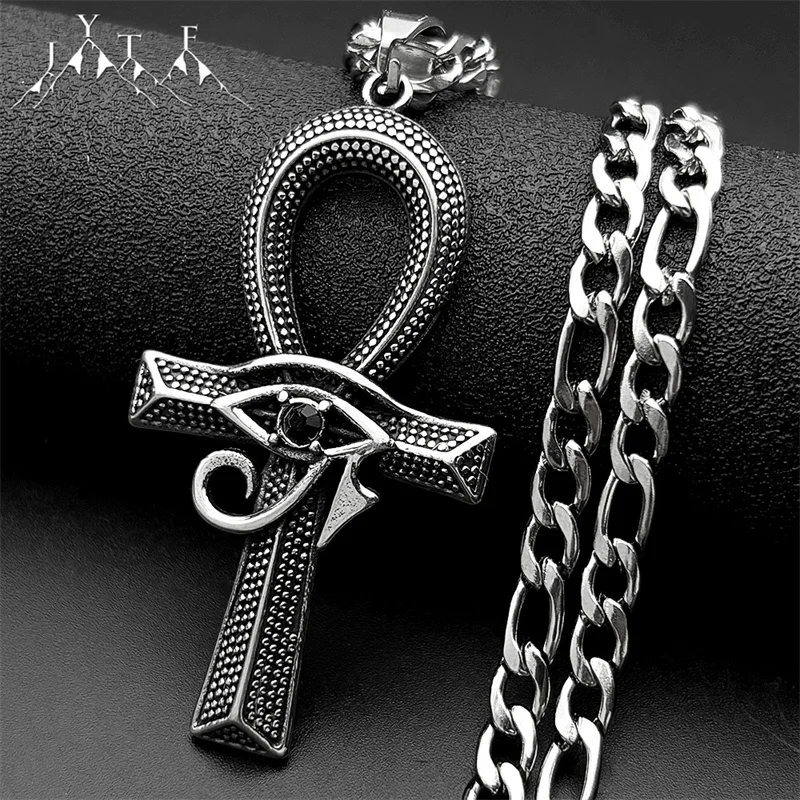 

Egyptian Ankh Cross Eye of Horus Necklace for Men Stainless Steel Black Rhinestones Key of Life Chain Necklaces Amulet Jewelry