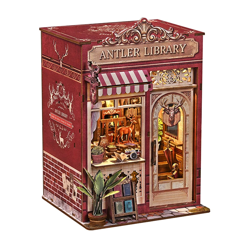 DIY 3D Wooden Antler Library Book Nook Cottage Jigsaw Puzzles Miniature Model Kits for Friends Girls Birthday Gifts