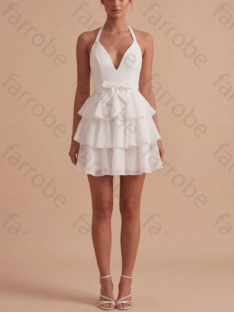 Customized White A Line Halter Tiered Ruffle Sleeveless Wedding Dresses Elegant Backless Celebrity Dress Sexy Prom Party Gowns