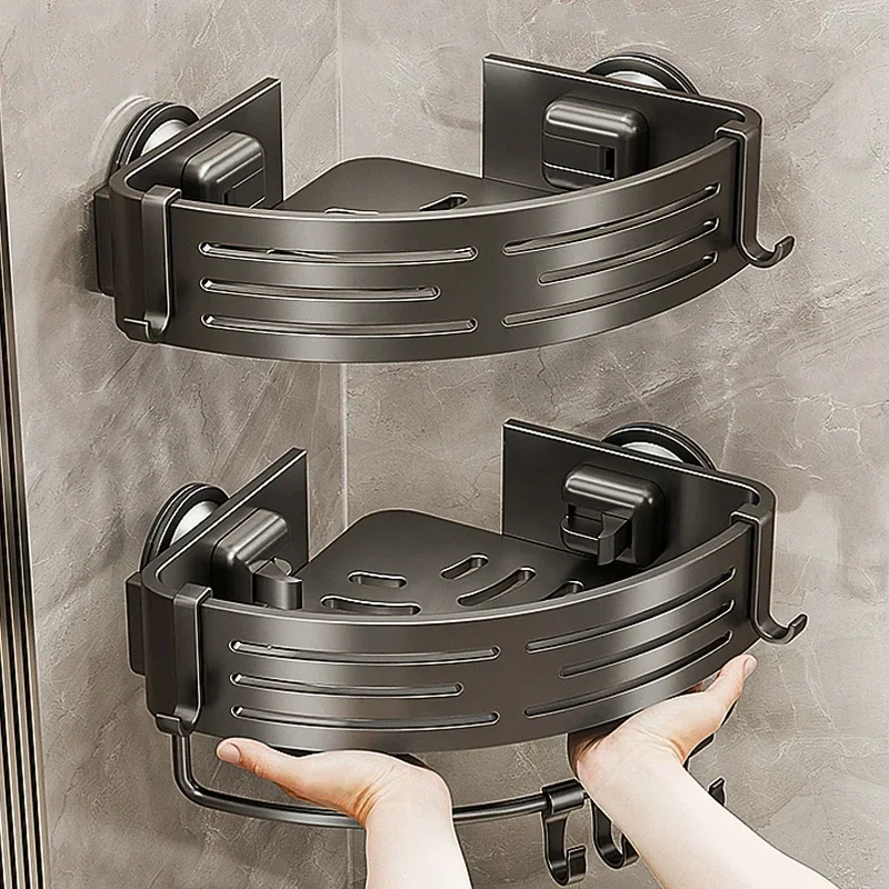 Bathroom Corner Shelf Wall Mounted No Drill Aluminum Rustproof Toilet Storage Rack Gray Black