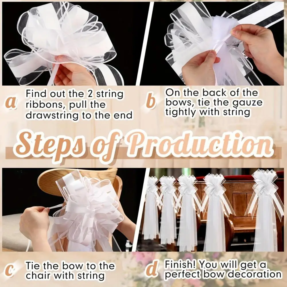 4Pcs White Wedding Pew Bows Tulle Church Aisle Wedding Chair Decorations For Bridal Shower Reception Long Tulle Tail Accents