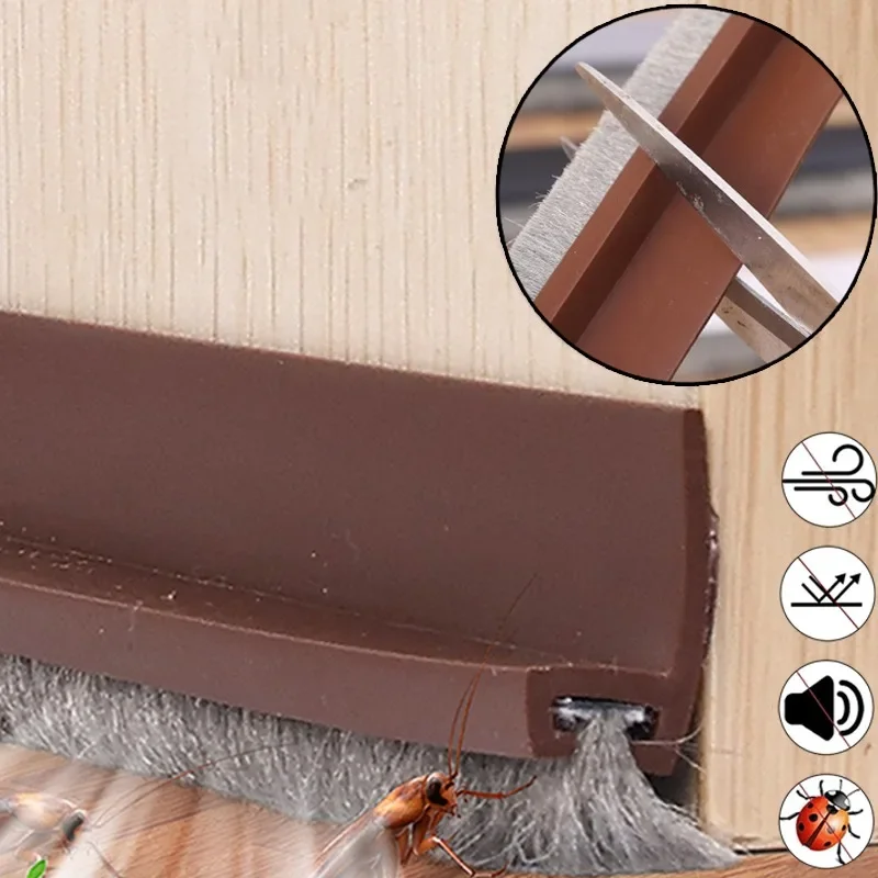 Door Seal Draft Strip Door Bottom Sealing Strip Tape with Sweep Brush Sound Proof Insect Self Adhesive Seal Blocker Guard Holder