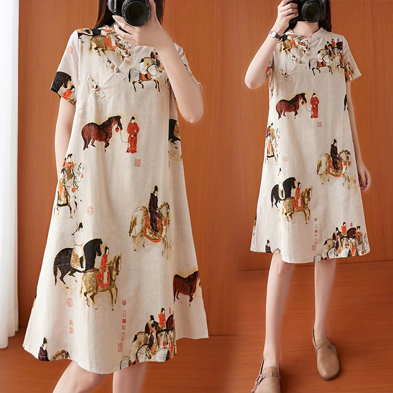 

Vintage Print Cotton Lin Loose Large Size Improved Dr Summer Age Reduction Casual Linen Long Skirt