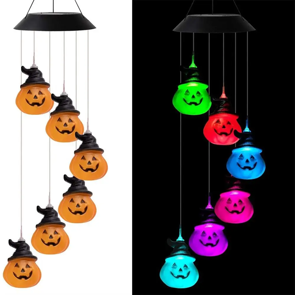 Creative Hallowen Atmosphere Windchime Lights Skull and Pumpkin Waterproof LED Light Pendant Solar Decoration Lamp for Outdoor