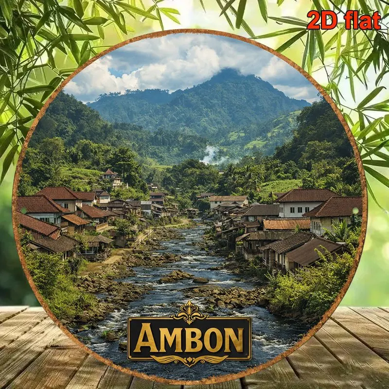 2D Flat - 1pc 8*8In/20X20Cm 2D Flat Round Sign, Vintage Plaque about Ambon Scenery, Ambon Mountain Village Decorative Sign, Suit