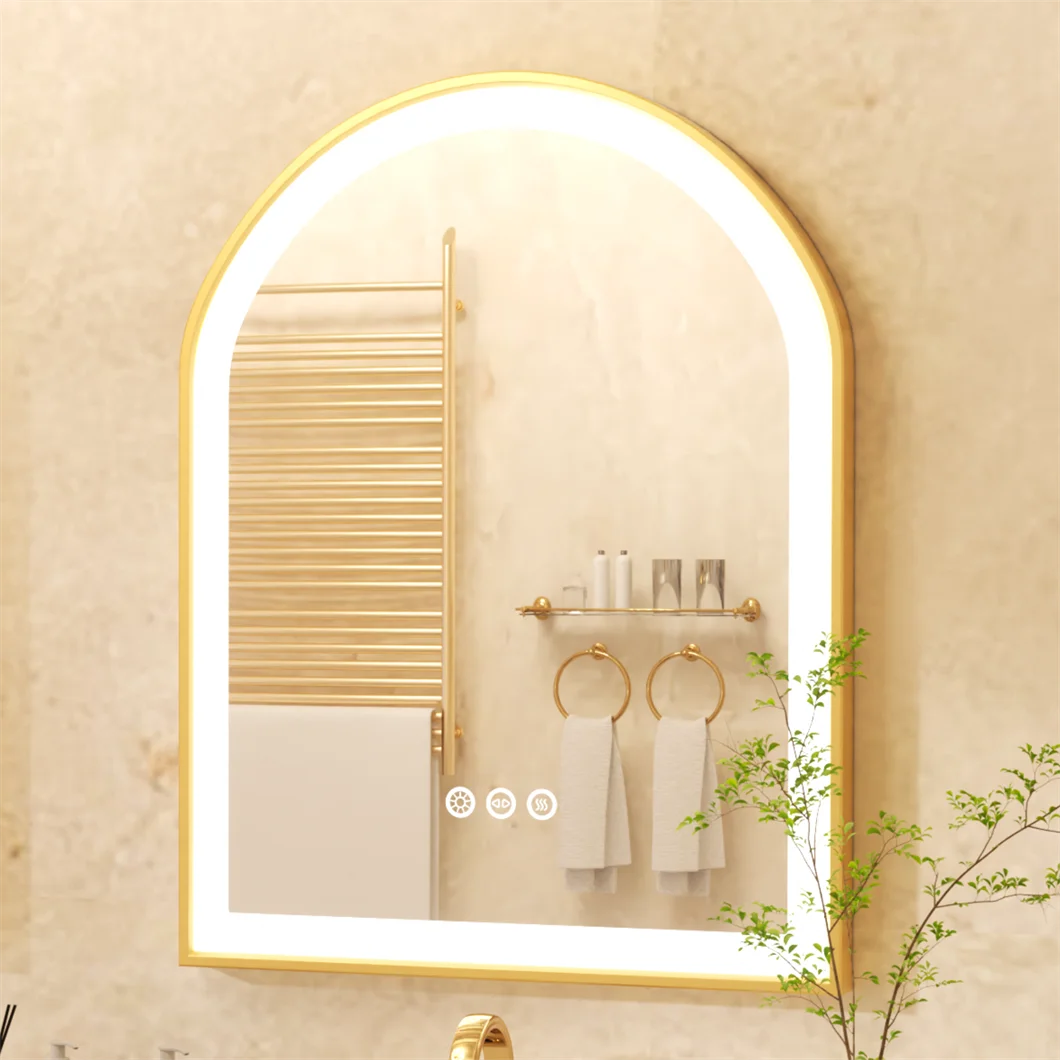 Gold LED Bathroom Mirror Large Wall Mounted Vanity Mirror 3 Colors Anti-Fog Dimmable Front Light Aluminum Frame 36x24