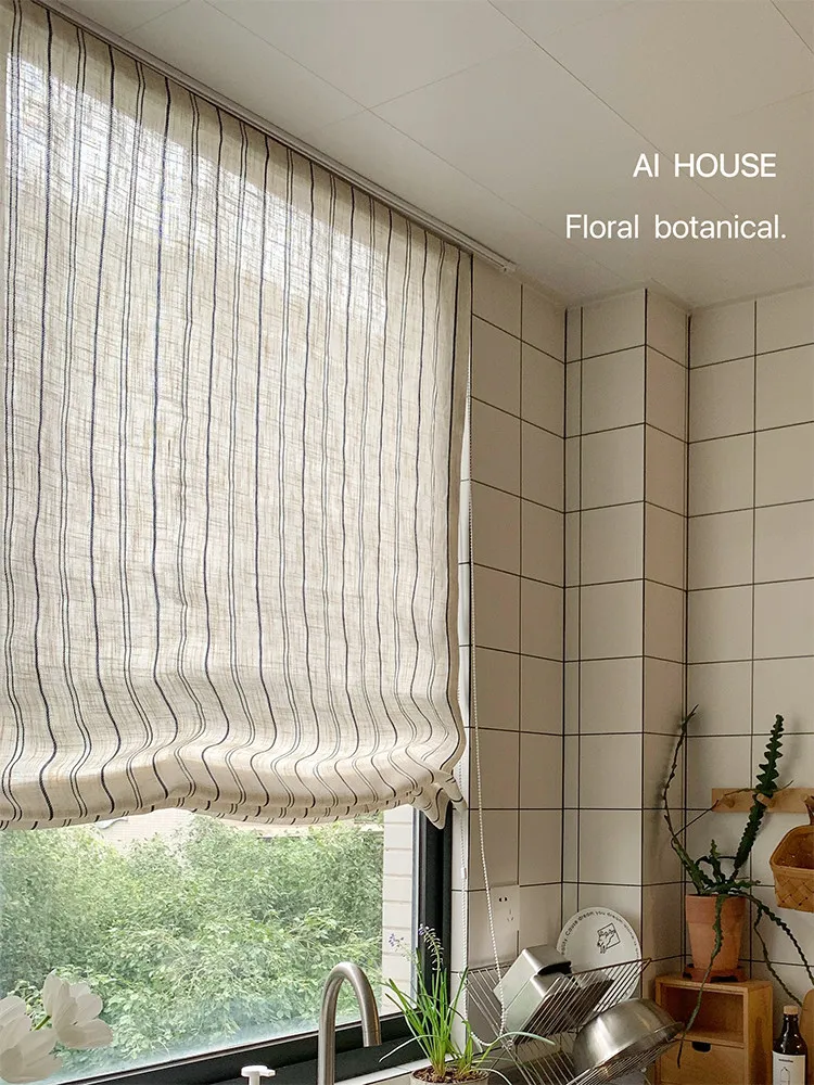 Korean Linen Cream Blue and White Striped Roman Curtains for Living Room Bedroom Stretch Curtain Partition Decorative Curtain