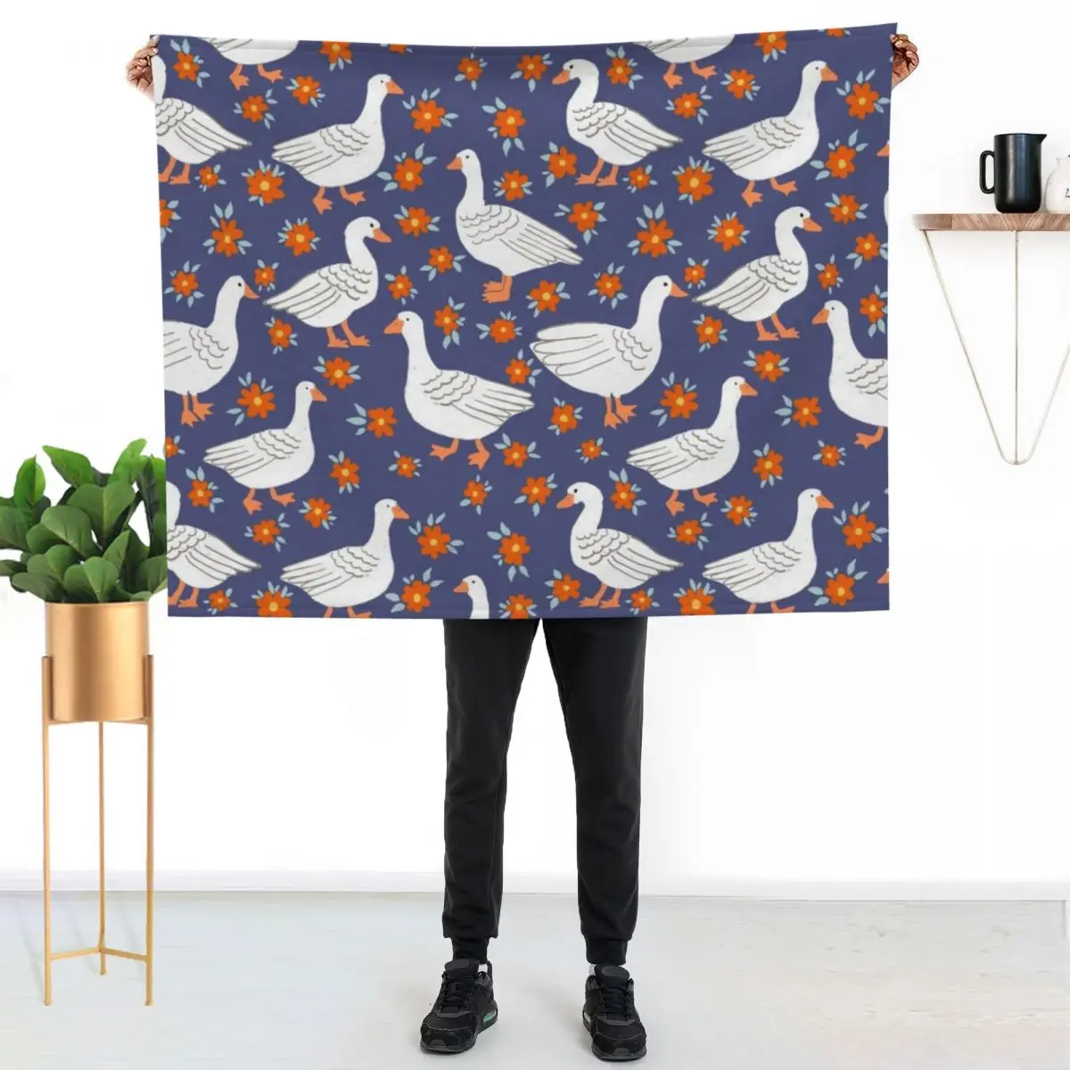Geese in The meadow - Navy blues Throw Blanket Warm Accent Blanket for Living Room Decoration