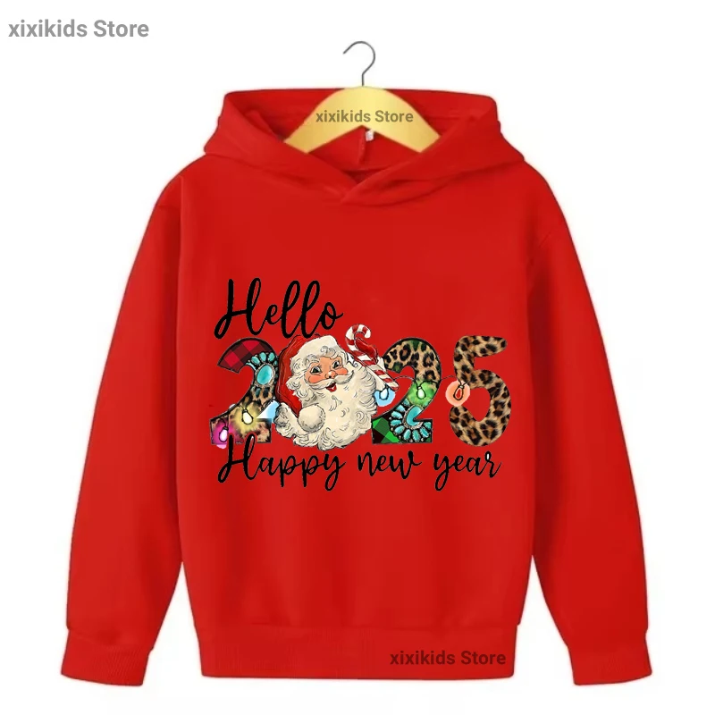 Hello 2025 Happy New Years Santa Claus Graphic Printed Cap Hoodies Girls/Boys Funny Kids Clothes Plus Velvet Sweatshirt