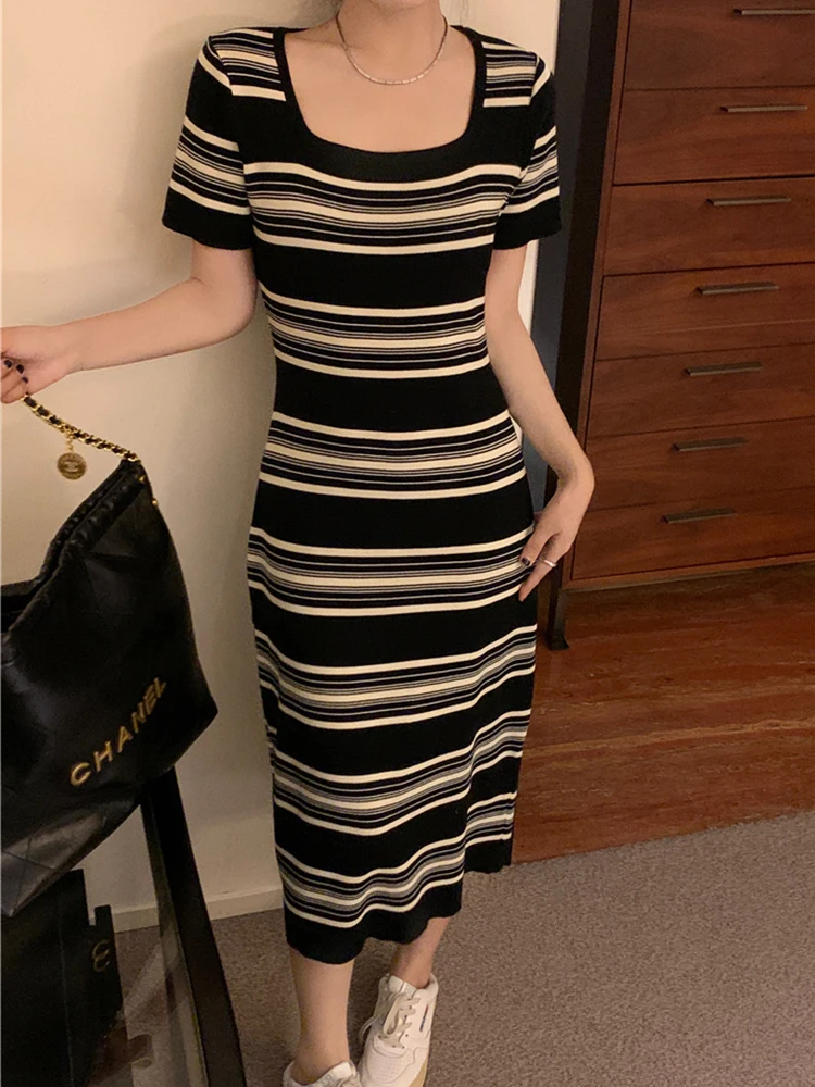 UBAU 2024 New Striped Dress Female Summer Spice Girl Short Sleeve Waist Slim Hip Skirt Long Home Clothes Pajamas Female