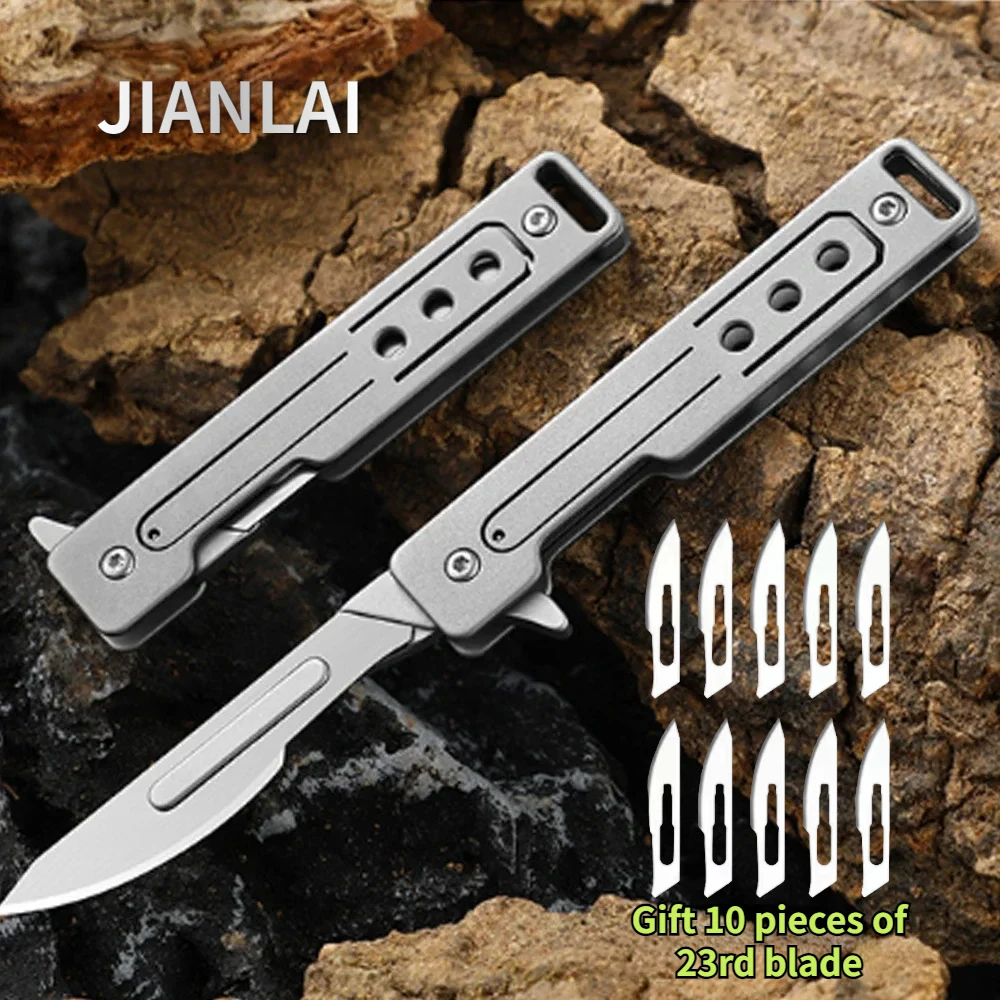 Stainless steel surgical knife quick opening folding EDC unboxing pocket knife outdoor camping knife with 10 replaceable blades