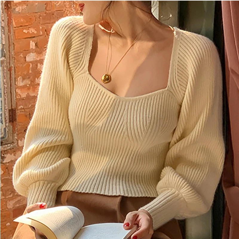 Women Clothing Vintage Solid Color Square Collar Long Sleeve Pullovers Autumn Fashionable Slim Sweater Female Elegant Knitting