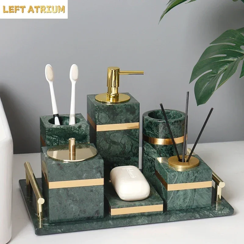 Indian Green Natural Marble Bathroom Set Luxury Gold Soap Dispenser Soap Dish Tissue Box Tray Bathroom Accessories