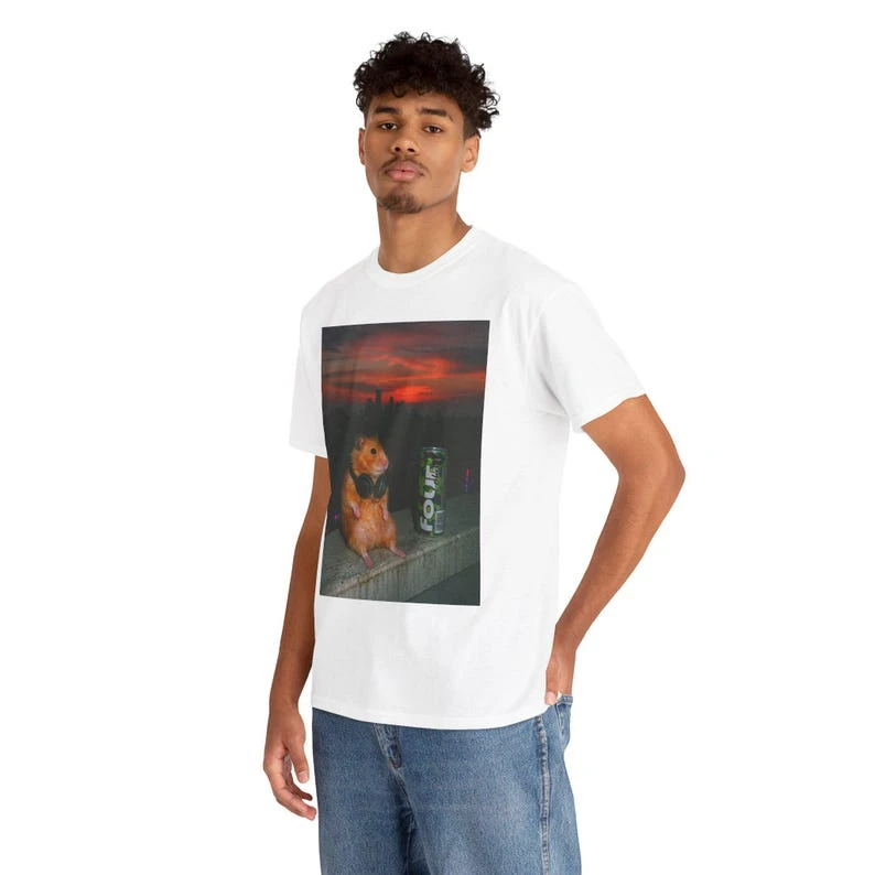 Hamster With Headphones Four Loko T-shirt Oversized Unisex Streetwear Trendy Cotton Printed Cotton Neutral O-Neck Short Sleeve