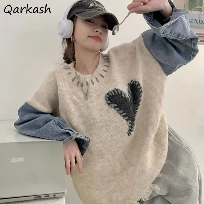 

Patchwork Pullovers Women Chic Harajuku Designed Spliced Sweaters Students Y2k Fashion Personality Baggy Cozy Winter All-match