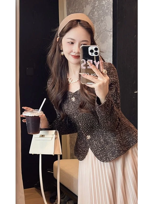 

PINZIKO Premium ort Coat Small Fraance Sle Waist-Cinching Retro Luxury Women's Faion Wool Blend Polyester Blend