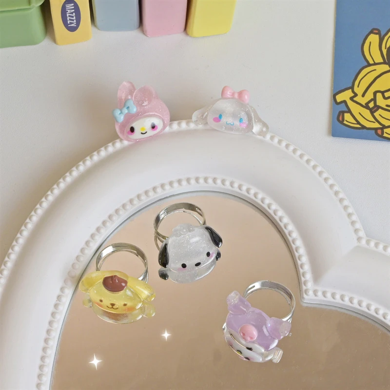 Sanrio-anillo ajustable de apertura para mujer y niña, sortija ajustable con diseño de Pachacco, Cinnamoroll, Kuromi, Purin