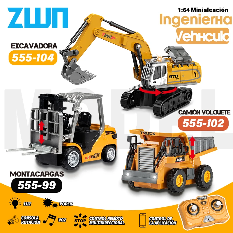 ZWN 1:64 Modelo de Coche RC, Excavadora de Control Remoto, Camión Volquete, Montacargas, Aleación y Plástico, Simulación de Vehículo de Construcción, Juguete para Niños