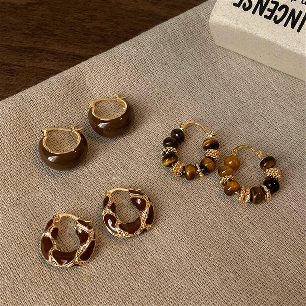 Women Korean Brown U-shaped Hoop Earrings Vintage Simple Tortoiseshell Color Dripping Oil Tiny Ear Studs Daily Exquisite Jewelry