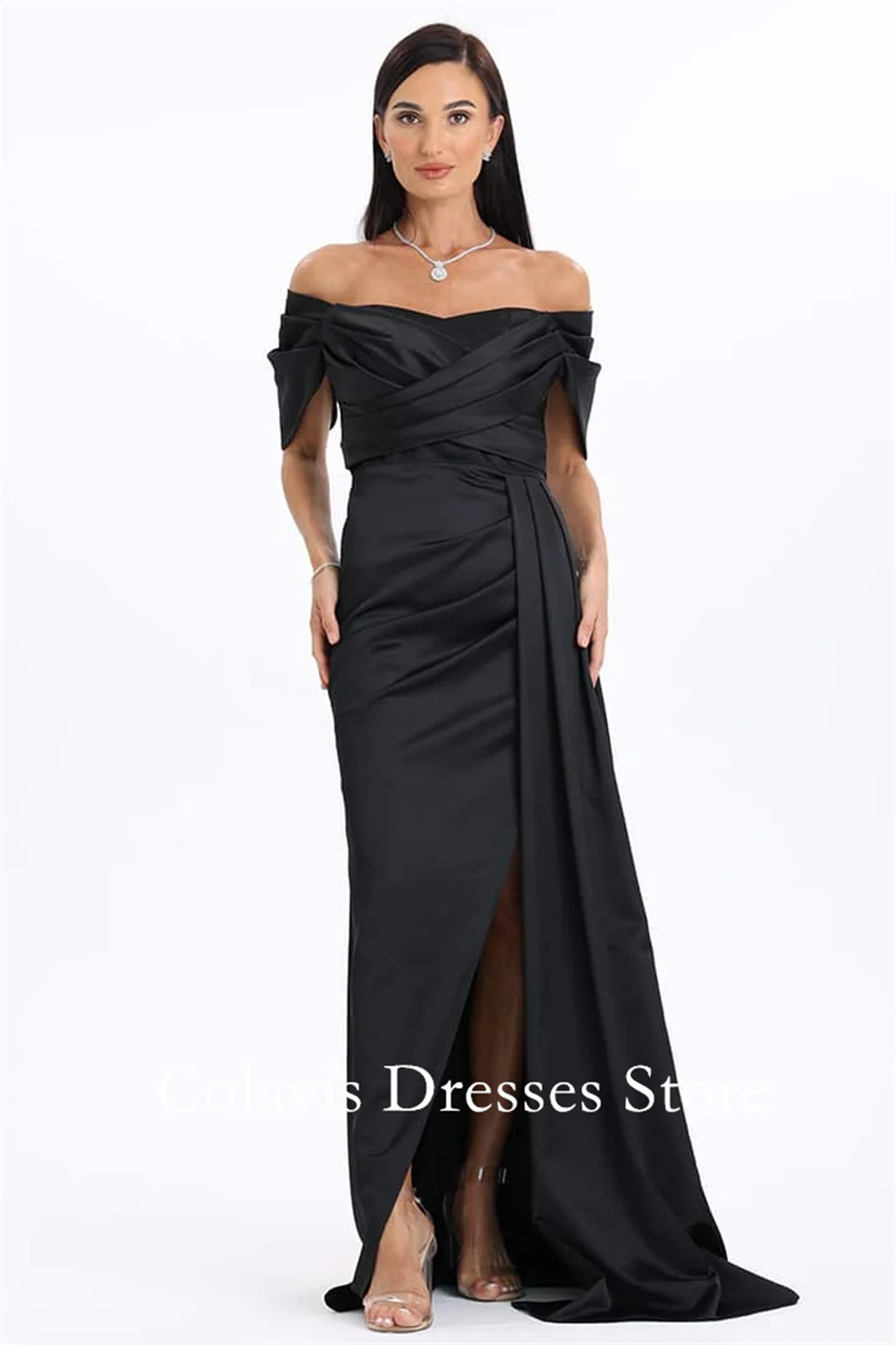 

2025 Customized Draped Side Tail Silk Satin Dress Prom Dresses Off Shoulder Evening Dress Women Evening Gowns Formal Party Dress