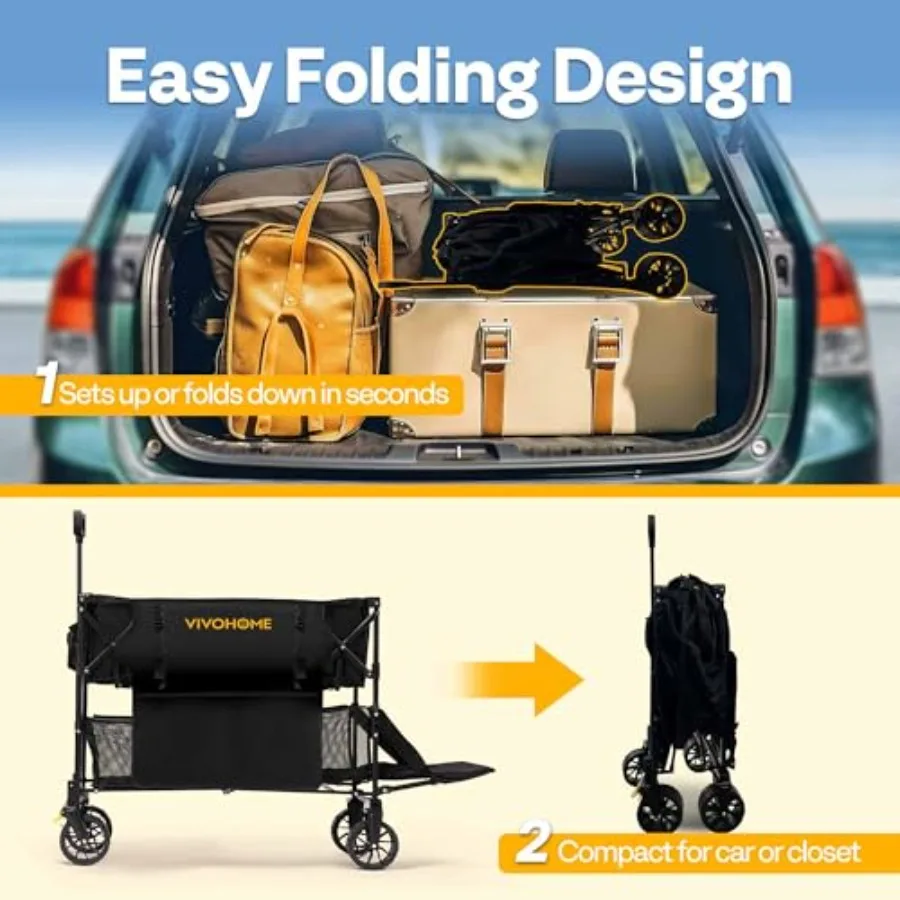 Vagão dobrável de dois andares de grande capacidade 400L 500lbs Carrinho dobrável utilitário resistente com rodas grandes 53 estendido para acampamento