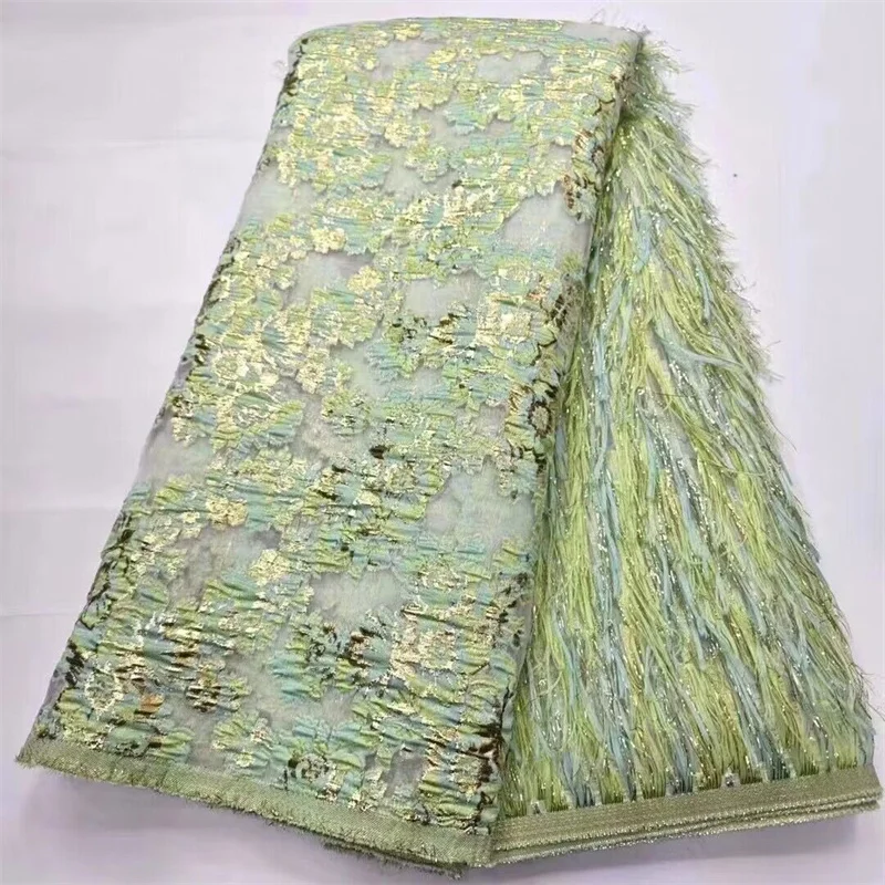 

2024 Green African tassels Jacquard Brocade Lace Fabric Newest Design French Gild Lace Fabric For Women Wedding Party Dresses