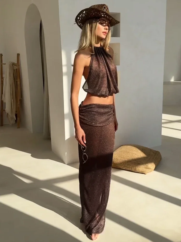 Sexy Knit Sets See-through Backless Lace-up Top Beach Half Skirt Two-piece Swimsuit Cover Up  Summer Women Party Outfit K167