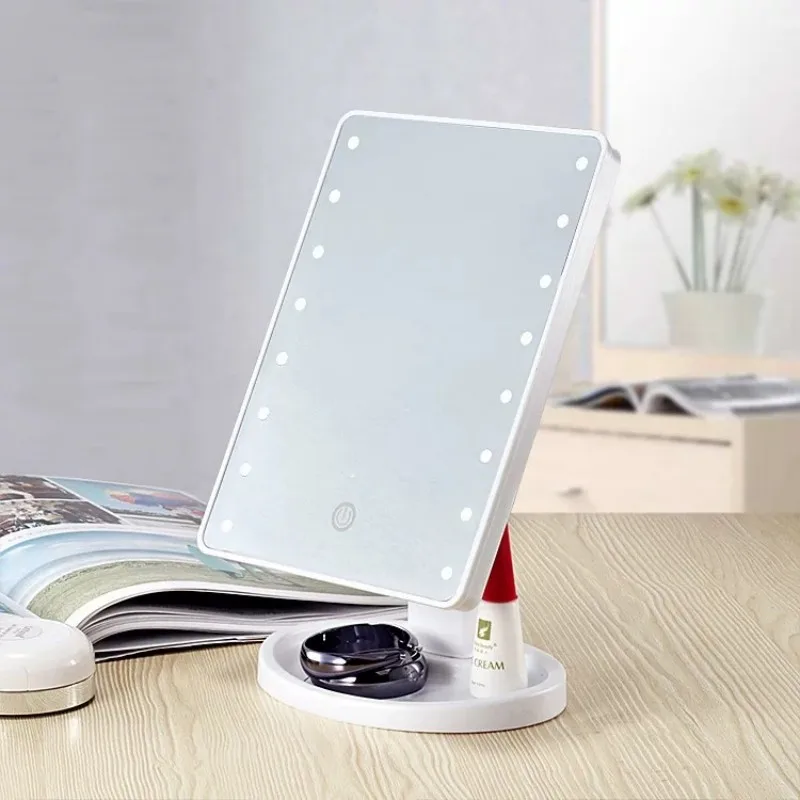 Specchio cosmetico touch 16LED con luminosità regolabile, luce a 3 velocità, design girevole per dormitorio, camera da letto, desktop, viaggi e Ma