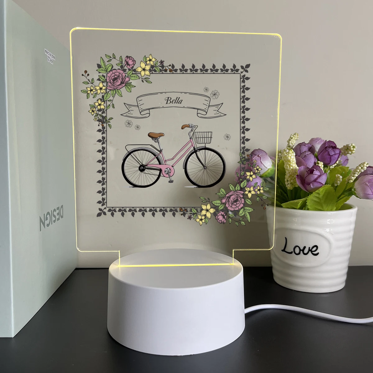 Luz Led nocturna con nombre personalizado para decoración de mesa y escritorio, lámpara acrílica Visual personalizada, regalo de Navidad, impresión UV de bicicleta de dibujos animados, 1 ud.