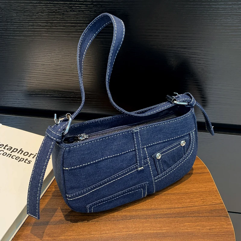 Luxury Designer Jeans Bag Women Half Moon Shoulder Bag French Style Underarm Shopper Purse Vintage Denim Handbag Female Totes