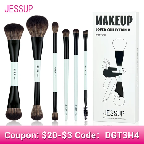 Jessup-Juego de brochas de maquillaje, brochas de maquillaje de doble cara, base, contorno, colorete, mezcla de sombra de cejas, fibra cian brillante T501
