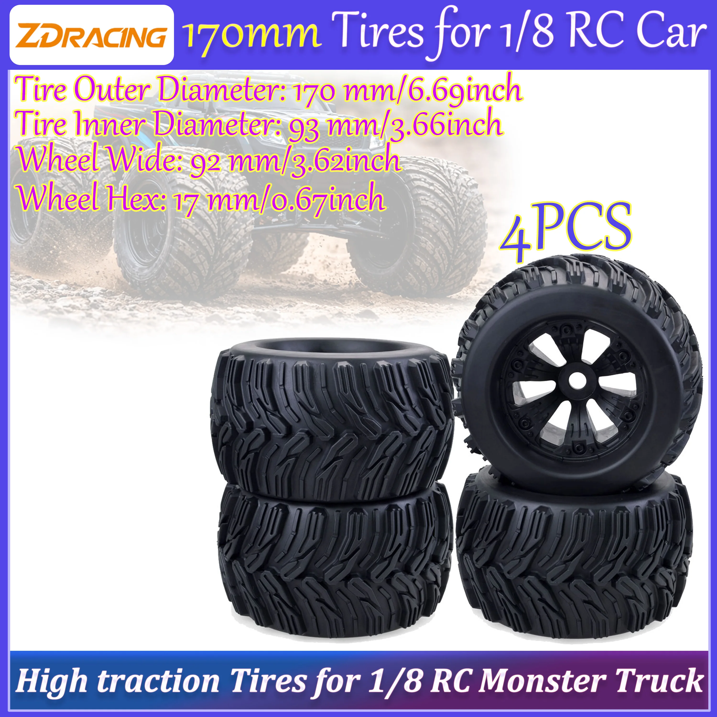 

ZD Racing 1/8 RC Monster Truck 170mm High Traction Wear-resistant Tyre 17mm Hex Hub for 1/8 RC Off-road Car Vehicle Upgrade Part