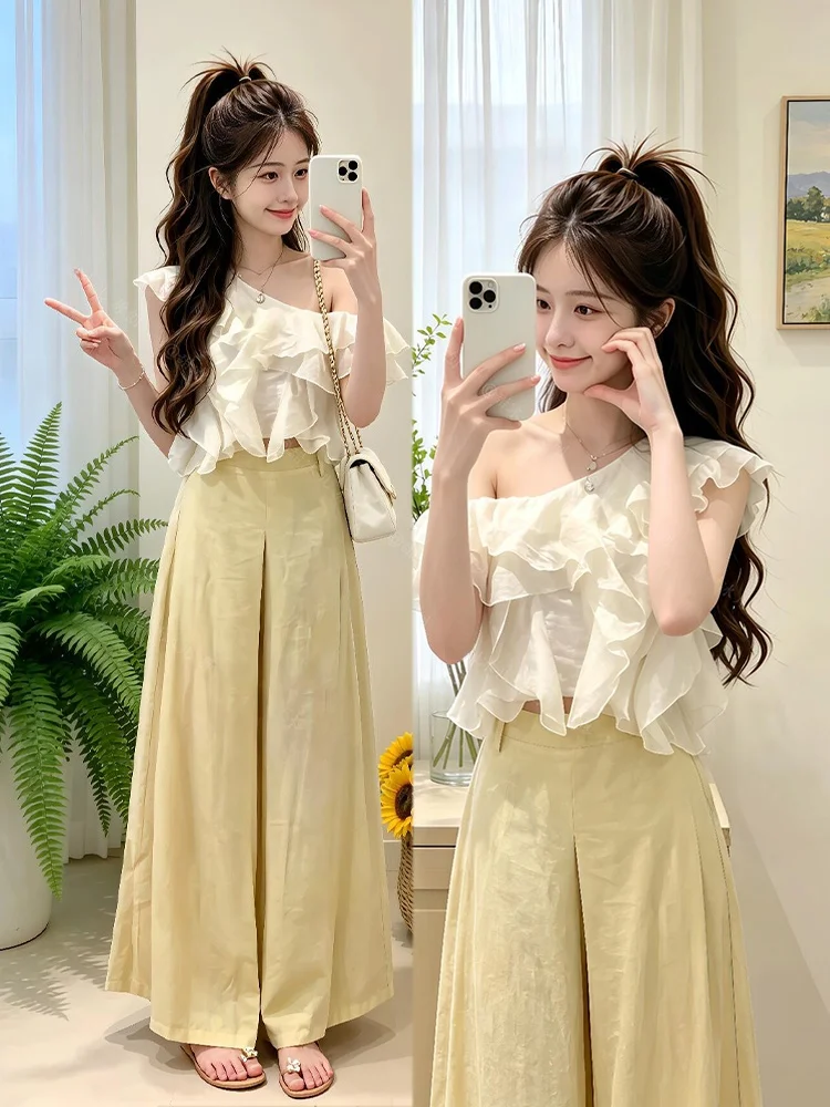 

Pure Desire Lace Trimmed Wide Leg Pants Set Spring Fashion Outfit Women's High Waist Comfortable Loose Fit Two Piece Suit