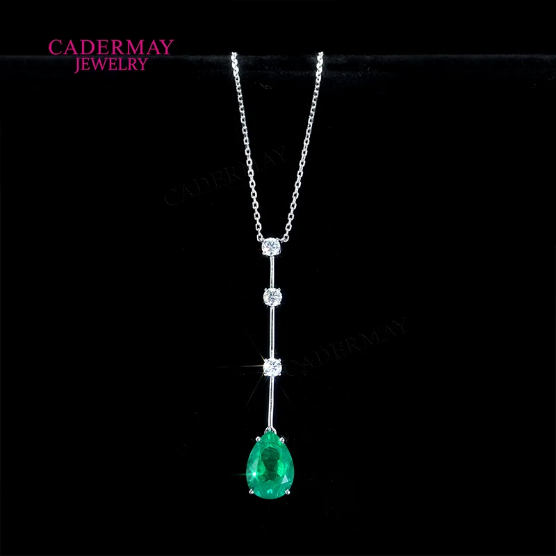 925 Silver Lab Grown Emerald Necklace 9x13mm Pear Cut #2 Green Emerald Pendant with Moissanite Accents Elegant Women's Jewelry