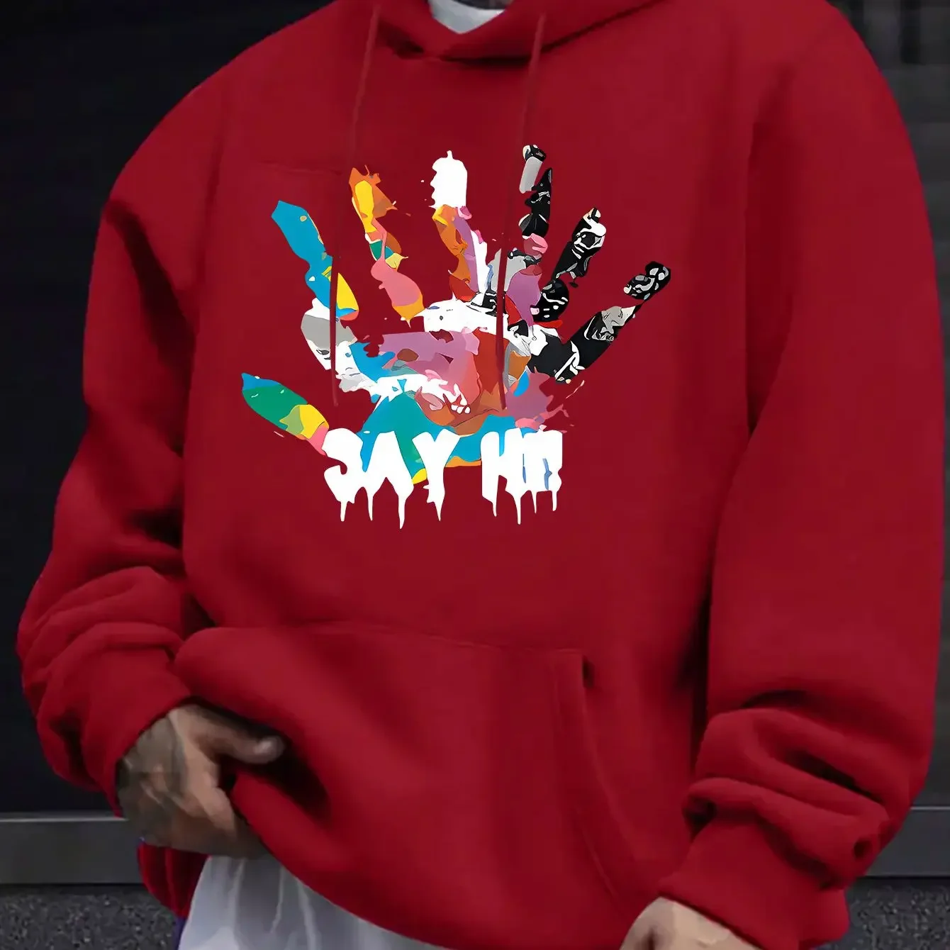 Men Women Streetwear Hoodie Colorful Spliced Handprint Graffiti Drip Say Hi Graphic Print Front Casual Loose Pullover Hooded