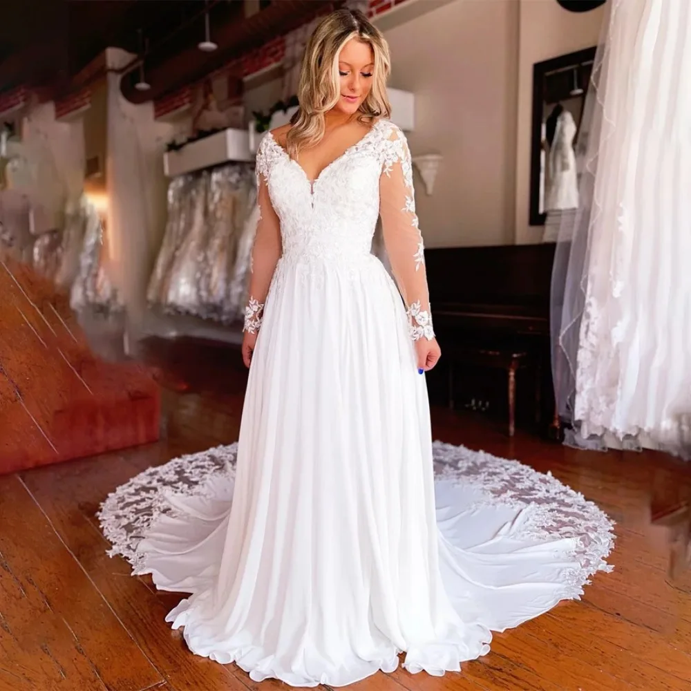 

Vintage Customized V-neck Lace Applique Wedding Dresses Long Sleeves Chiffon A-line Bridal Gown Sweep Train vestido de novia