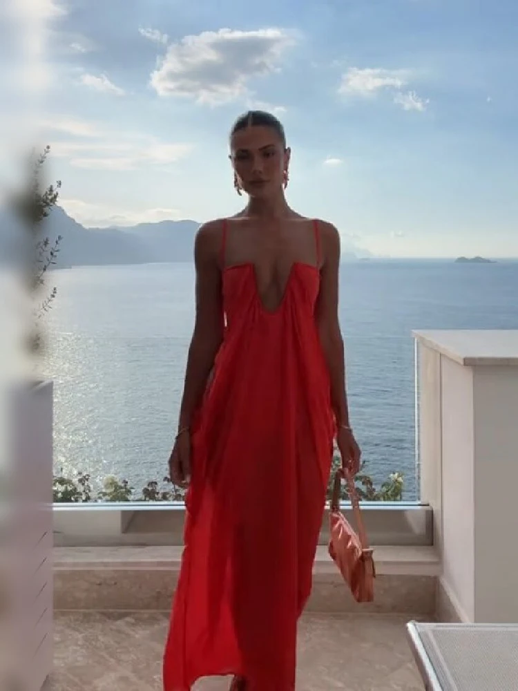 Damen Elegantes Rotes Maxikleid mit Spaghettiträgern, tiefem Schlüsselloch-Ausschnitt vorne, seitlichem Cut-Out und Overlay – Zweiteiliges Sommer-Abendkleid – Detail 13