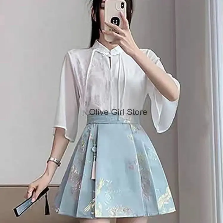 Zomer Chinese Hanfu Paardengezicht Rok Set Jacquard Wit Shirt TopTraditionele Damesoutfits Hoge Taille Internet Rood Uniform