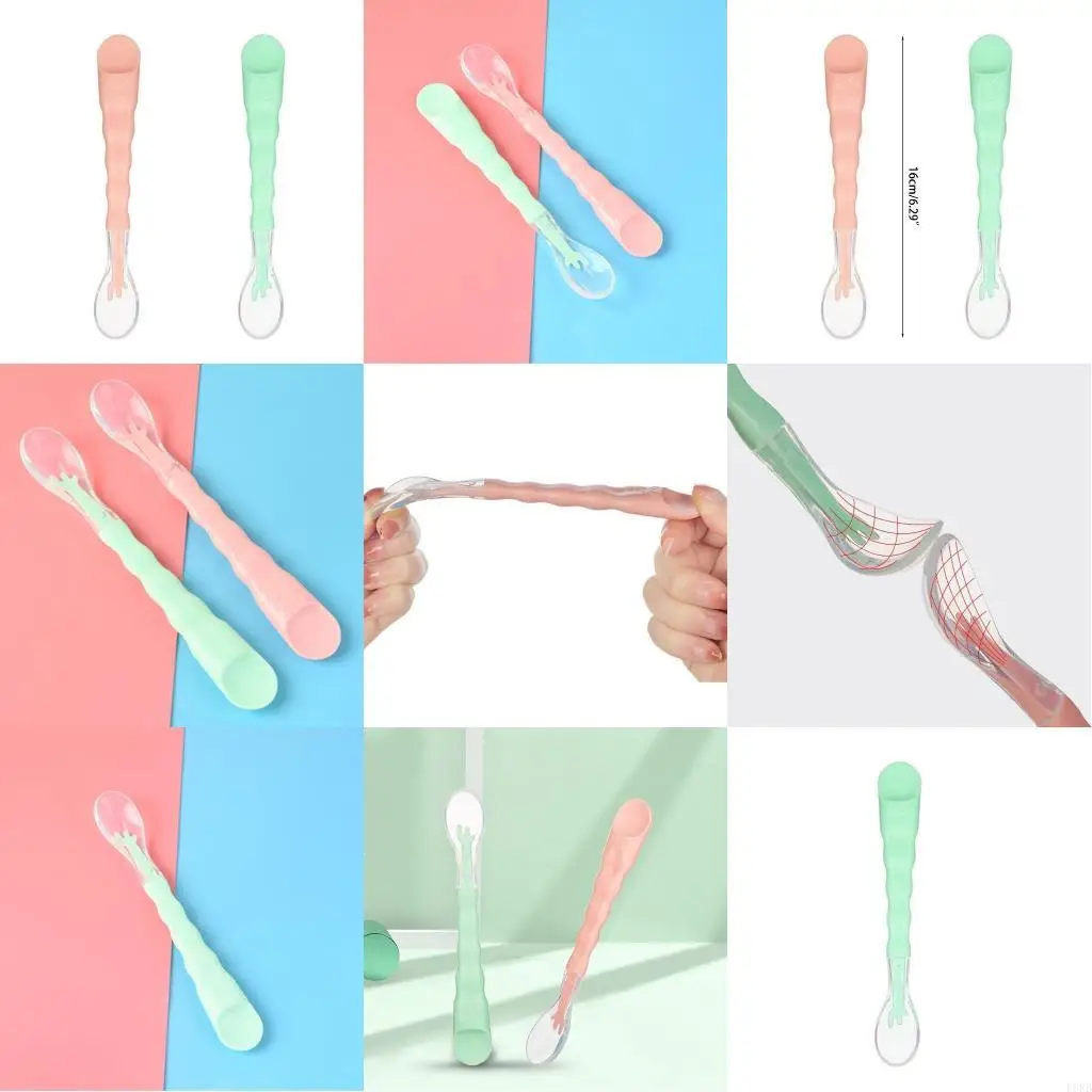 متعددة الوظائف الطفل ملعقة سيليكون الطفل تغذية ملعقة مزدوجة الرأس الطفل ملاعق L8RB