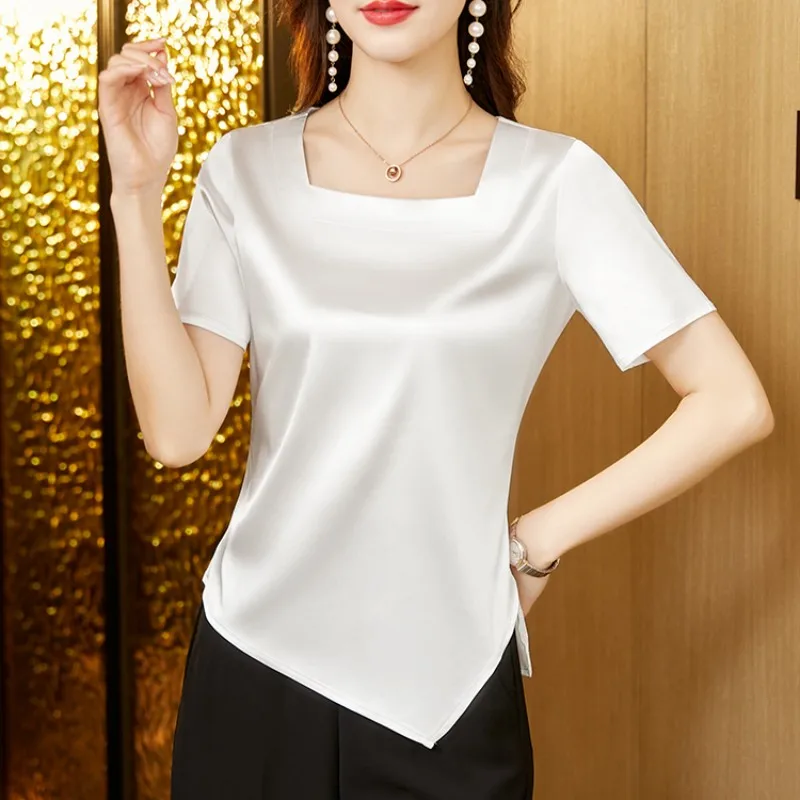 Satin Blouse Women Square Collar Womens Tops Silk Short Sleeve Blouses Elegant Ladies Tops 2023 Fashion Summer Female Clothing