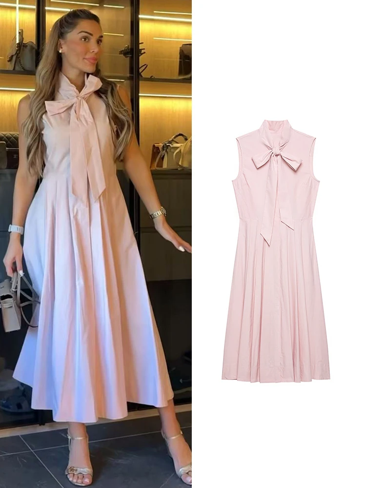 TFMLN Women's Chic Pink Midi Dresses Summer New Sleeveless Bow Lace-Up Long Dress Elegant Ladies Street Commuting Clothes