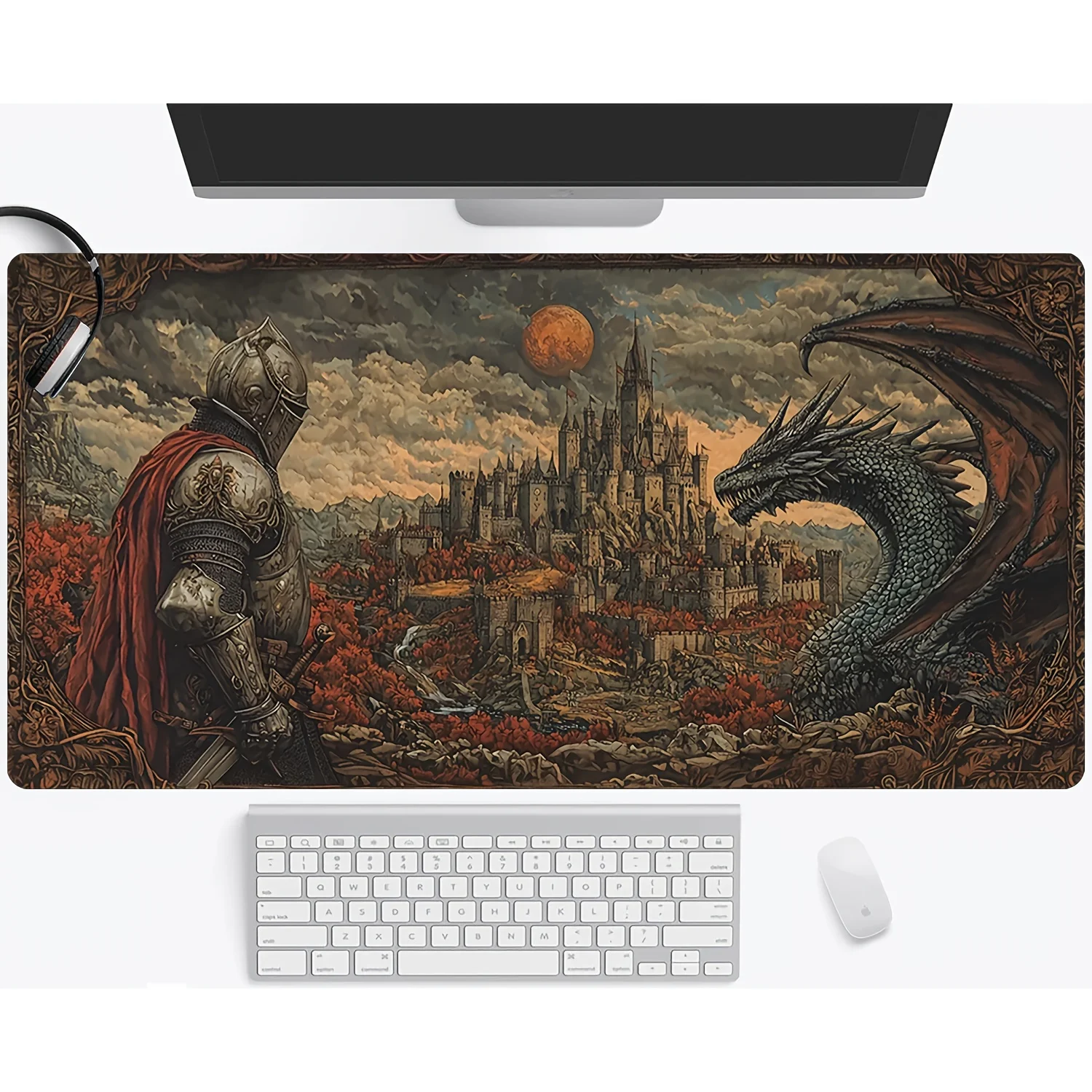 Large Gothic Castle Gaming Mouse Pad, Medieval Castle Knight with Dragon, Game Accessories, Great for Office and Game Settings