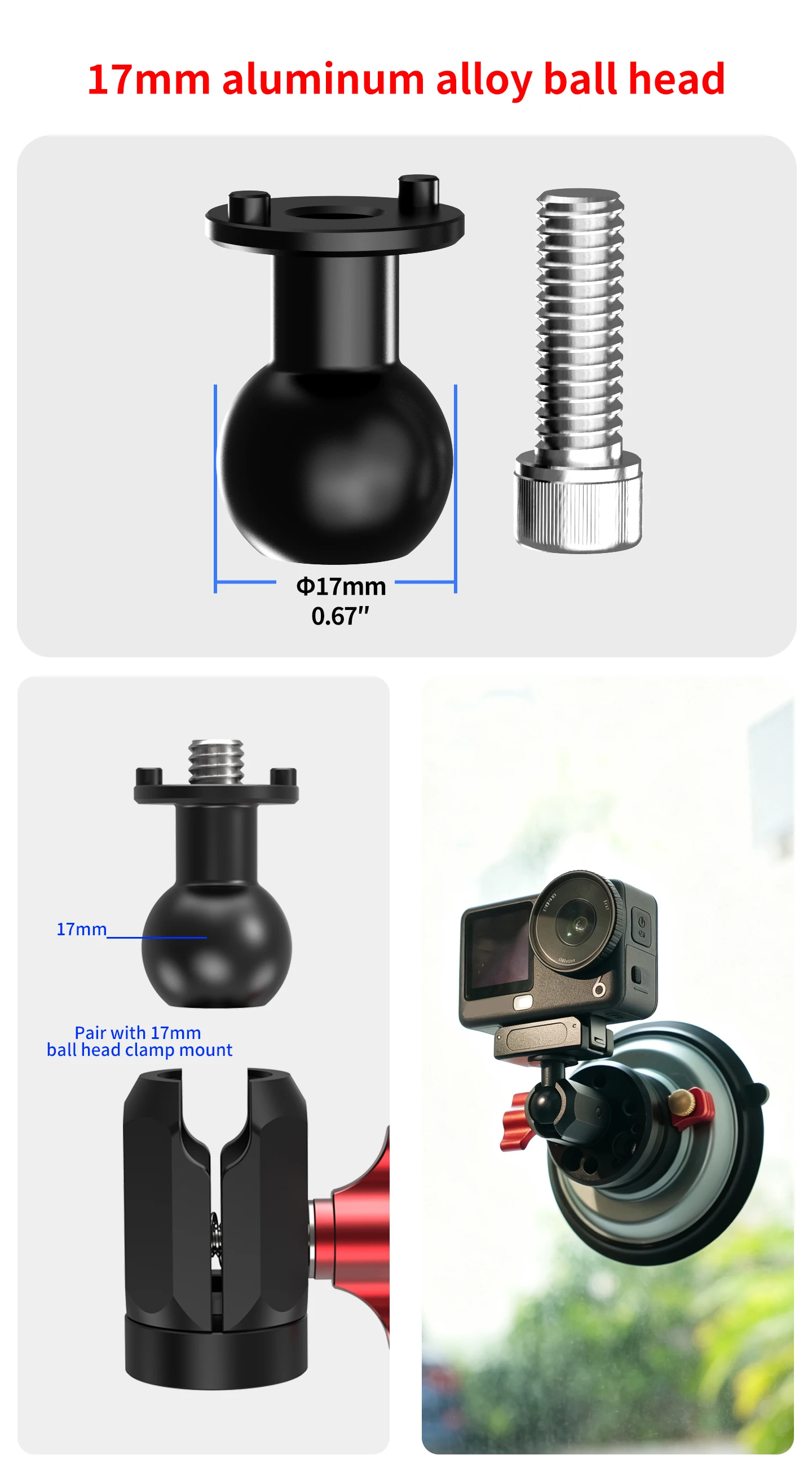 17-mm-Aluminiumlegierungs-Kugelkopf mit 1/4 ARRI-Fixierschraube für Doppelgelenkarm-Superklemme zur Befestigung von Action-Kameras – Detail 9
