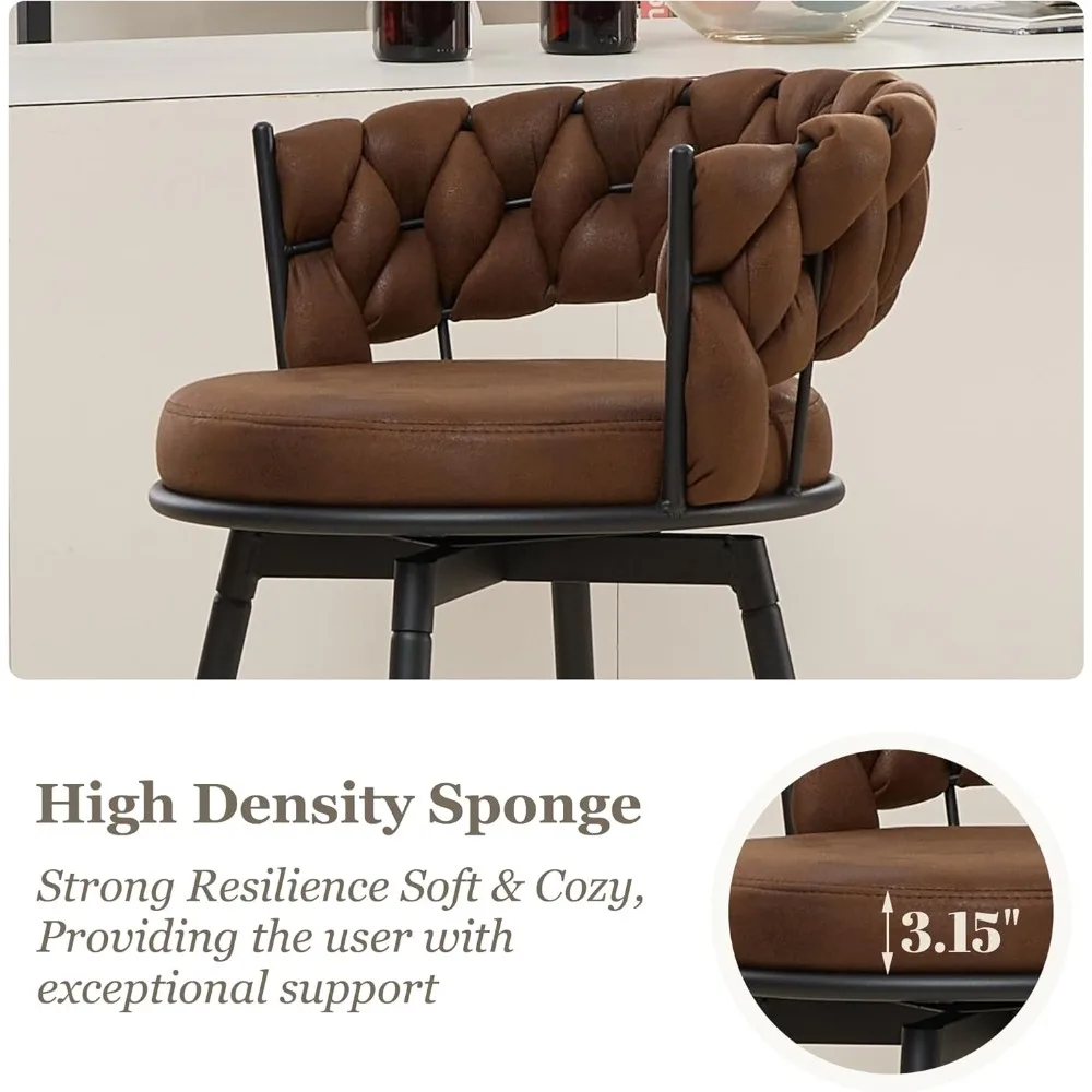 طقم مقاعد بار بنية مكون من 3 قطع، مقعد بارتفاع عداد 28 بوصة مع أرجل معدنية، 360 درجة °   مقاعد للبار دوارة مع تنجيد جلدي خلفي منسوج