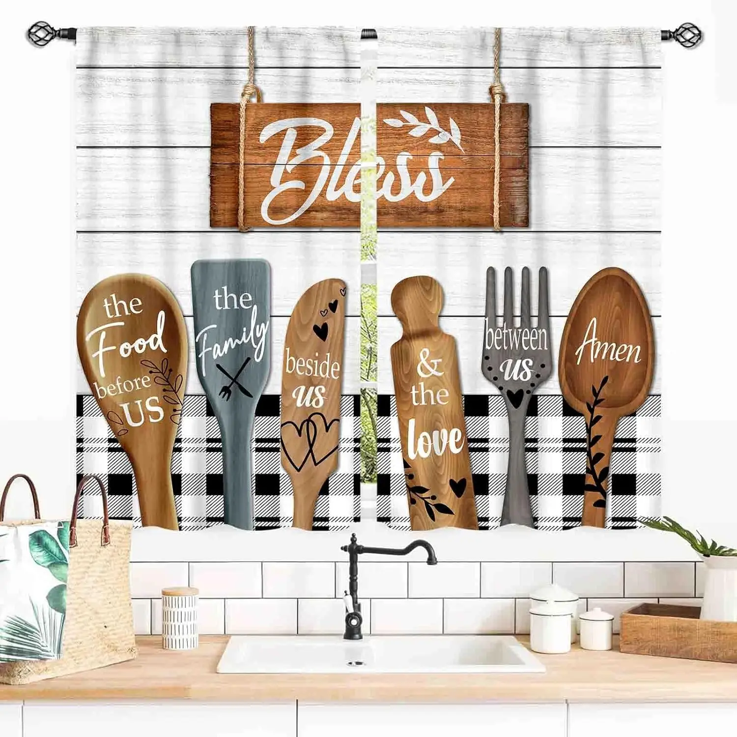 Farmhouse Kitchen Curtainsm, Rustic Fork and Spoon Woodern Plank Board Cook Theme Country Cottage Cafe Living Room Bedroom