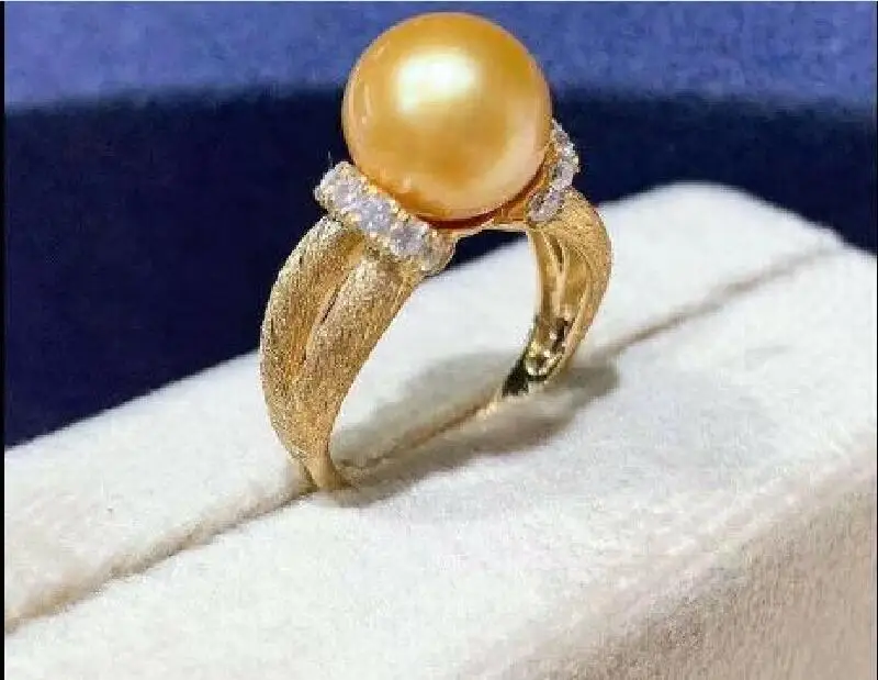 

huge Gorgeous AAAA 10-11mm round natural south sea Golden pearl ring 925s