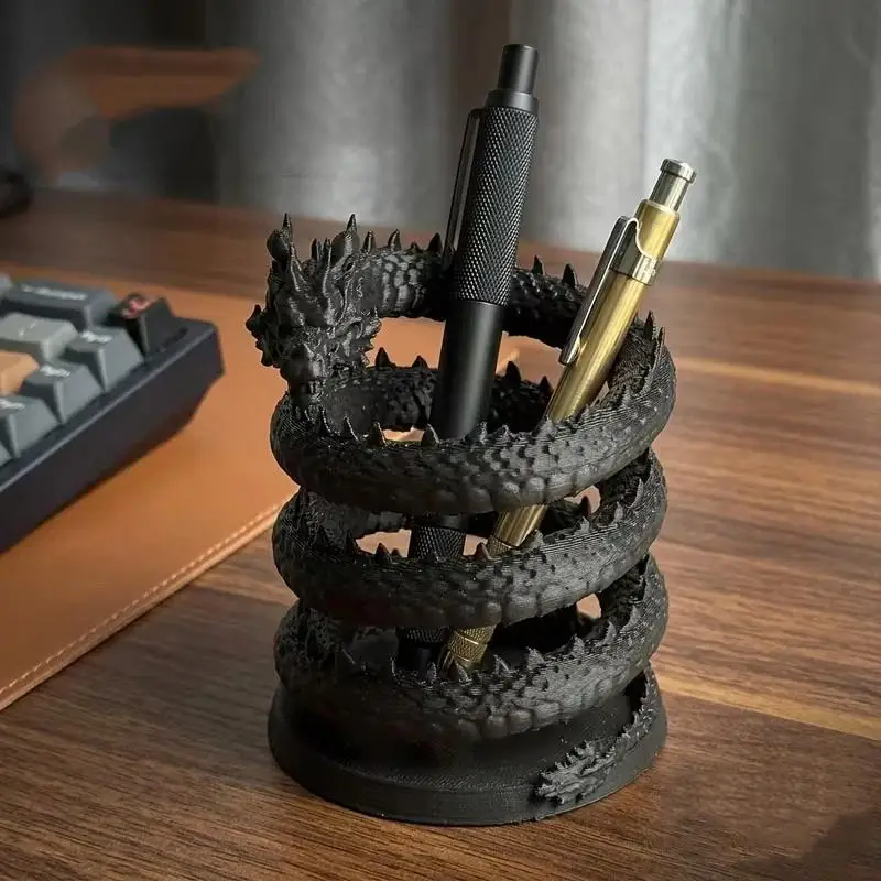 3D Printed Cool Black Dragon Pen Holder Creative Desktop Statue Realistic Spiral Coiled Storage Holder